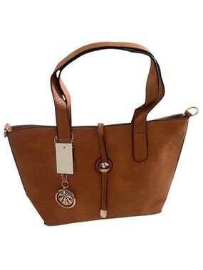 Tan Faux Leather Tote Bag with Shoulder Strap & Gold Hardware Handbag